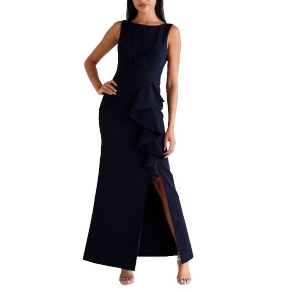 Eliza J. Evening Formal Dress 18 Navy Blue Ruffle Wedding Church Party NWT $188 - Picture 1 of 11